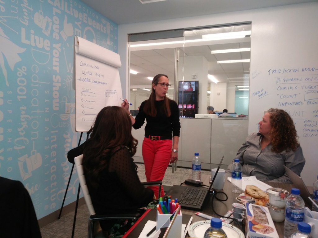 A Woman In Red Pants Stands And Presents To Two Seated Colleagues In A Modern Office Conference Room. She Gestures Toward A Flip Chart With Handwritten Notes Labeled “ Communities,” “ L C M A Team,” And “ Local Community.” The Group Is Surrounded By Laptops, Markers, Water Bottles, And Snacks On The Table. The Walls Are Decorated With Inspirational Typography And Brainstorming Notes Written On A Whiteboard.